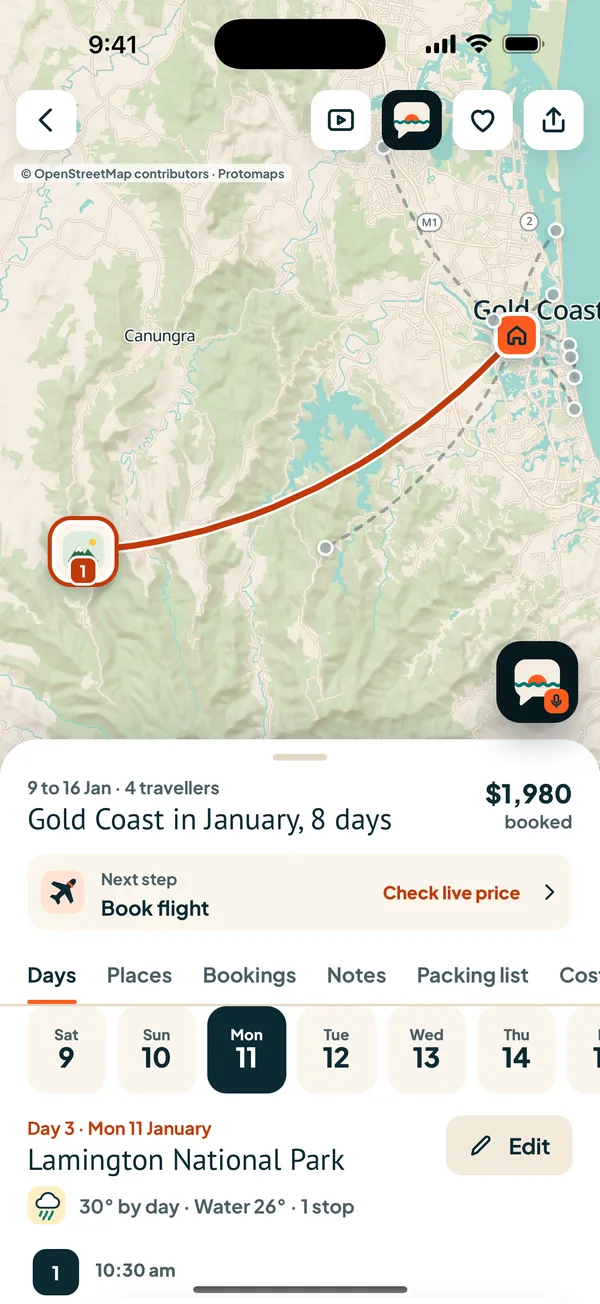 A planned trip with map and day plan in the app