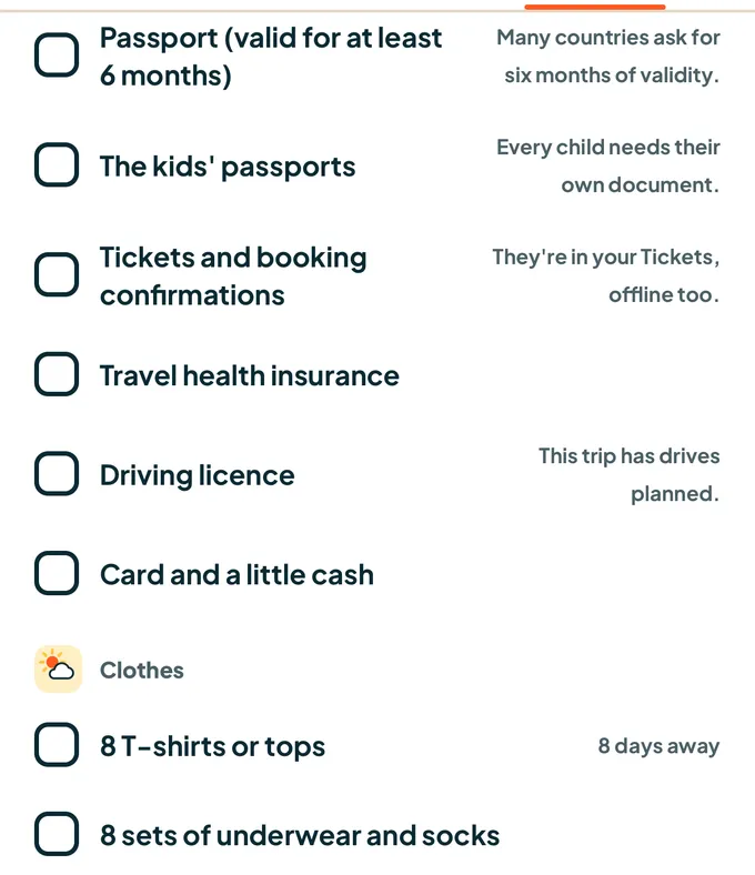 Packing list of a planned trip in the app
