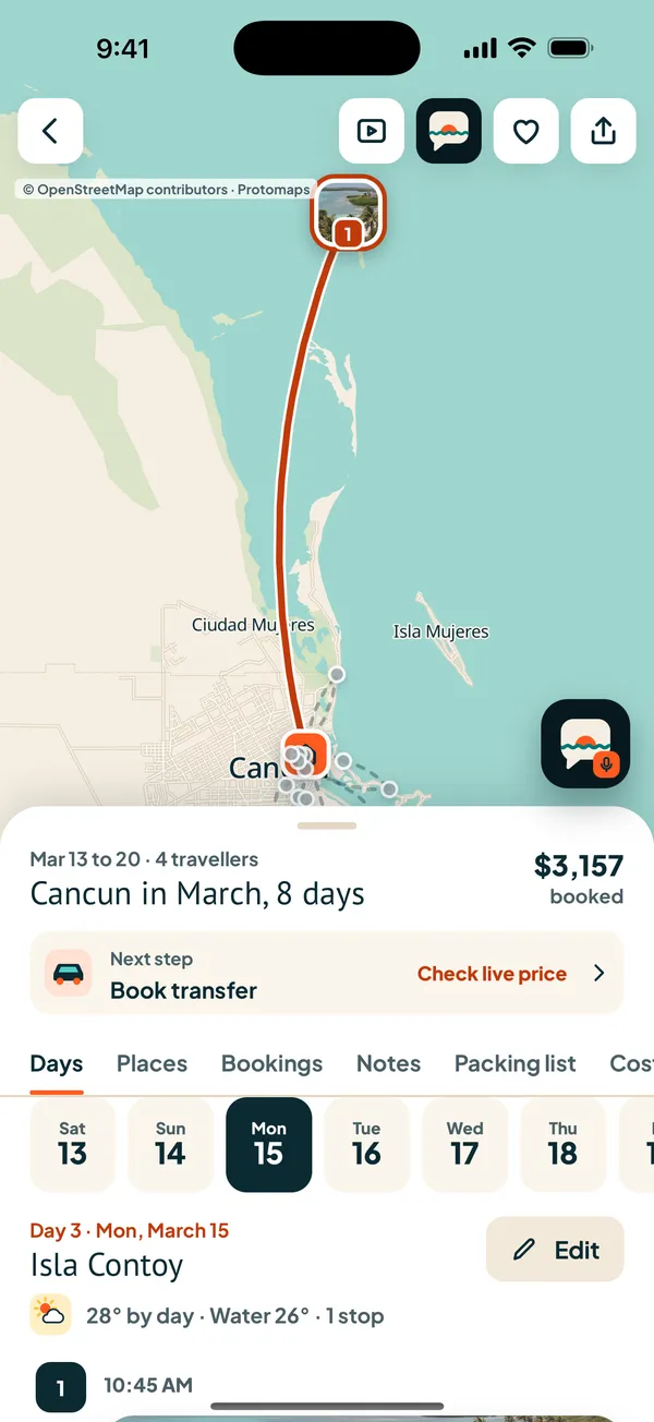 A planned trip with map and day plan in the app