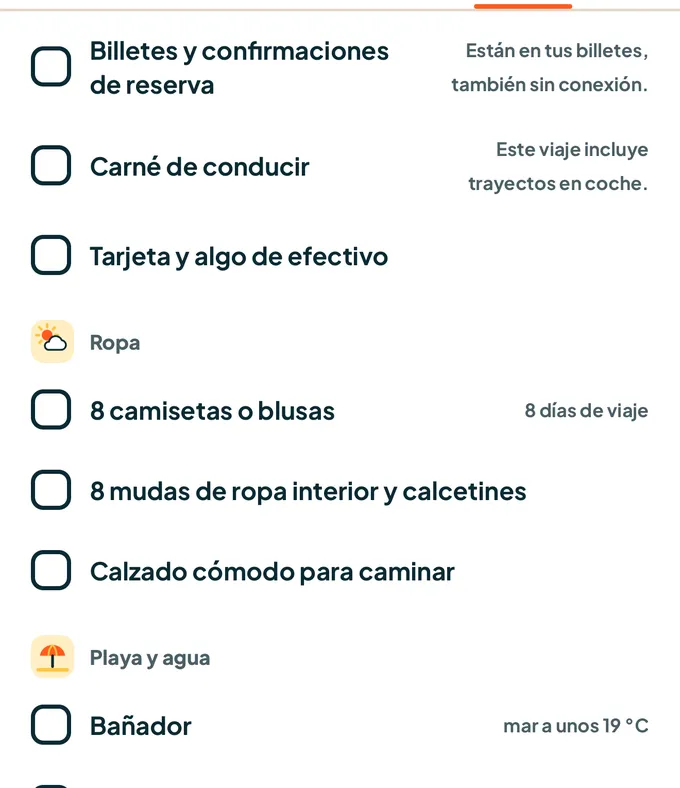 Lista de equipaje de un viaje planificado en la app