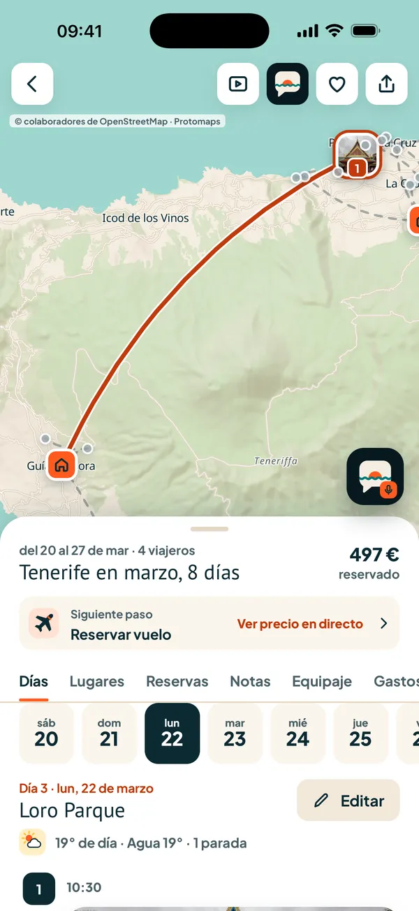 Un viaje planificado con mapa y plan del día en la app