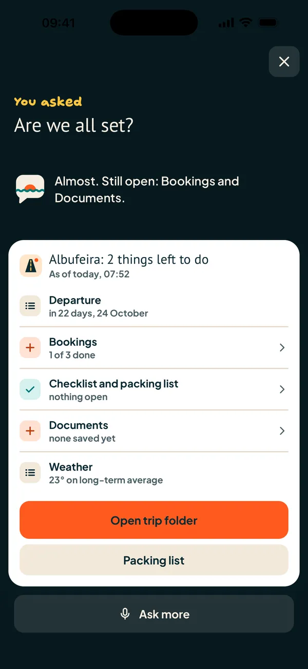 Genie answers a question about the trip in the app