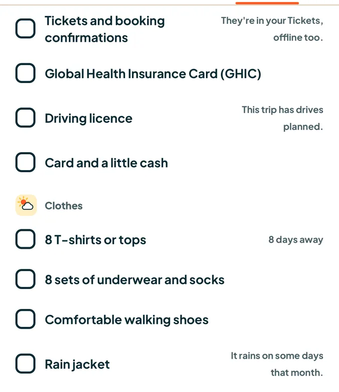 Packing list of a planned trip in the app