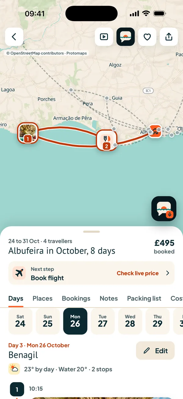 A planned trip with map and day plan in the app