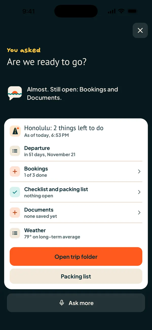 Genie answers a question about the trip in the app