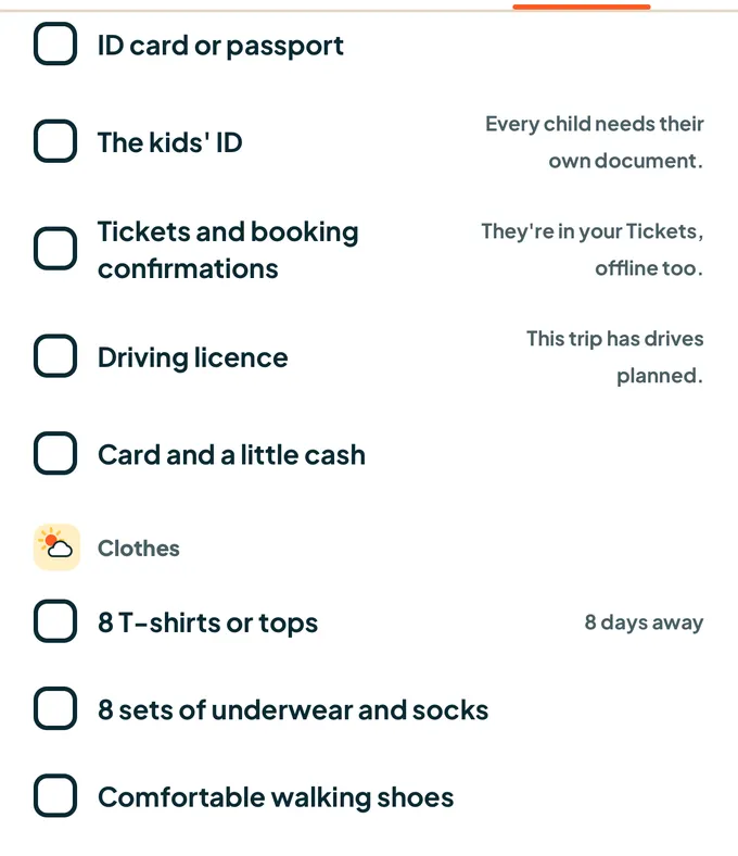 Packing list of a planned trip in the app