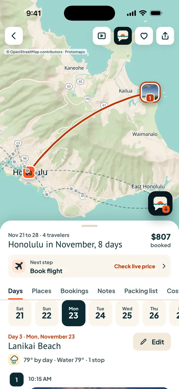A planned trip with map and day plan in the app