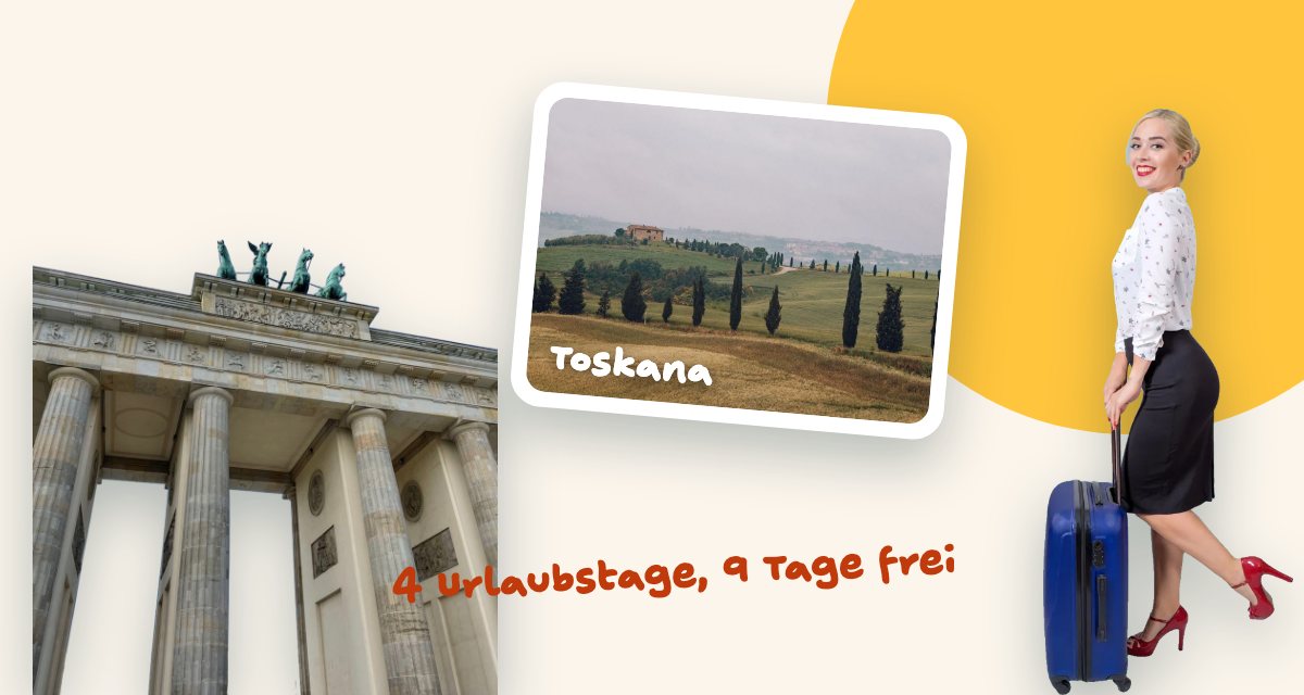A city landmark, a photo of Tuscany and a woman with a suitcase